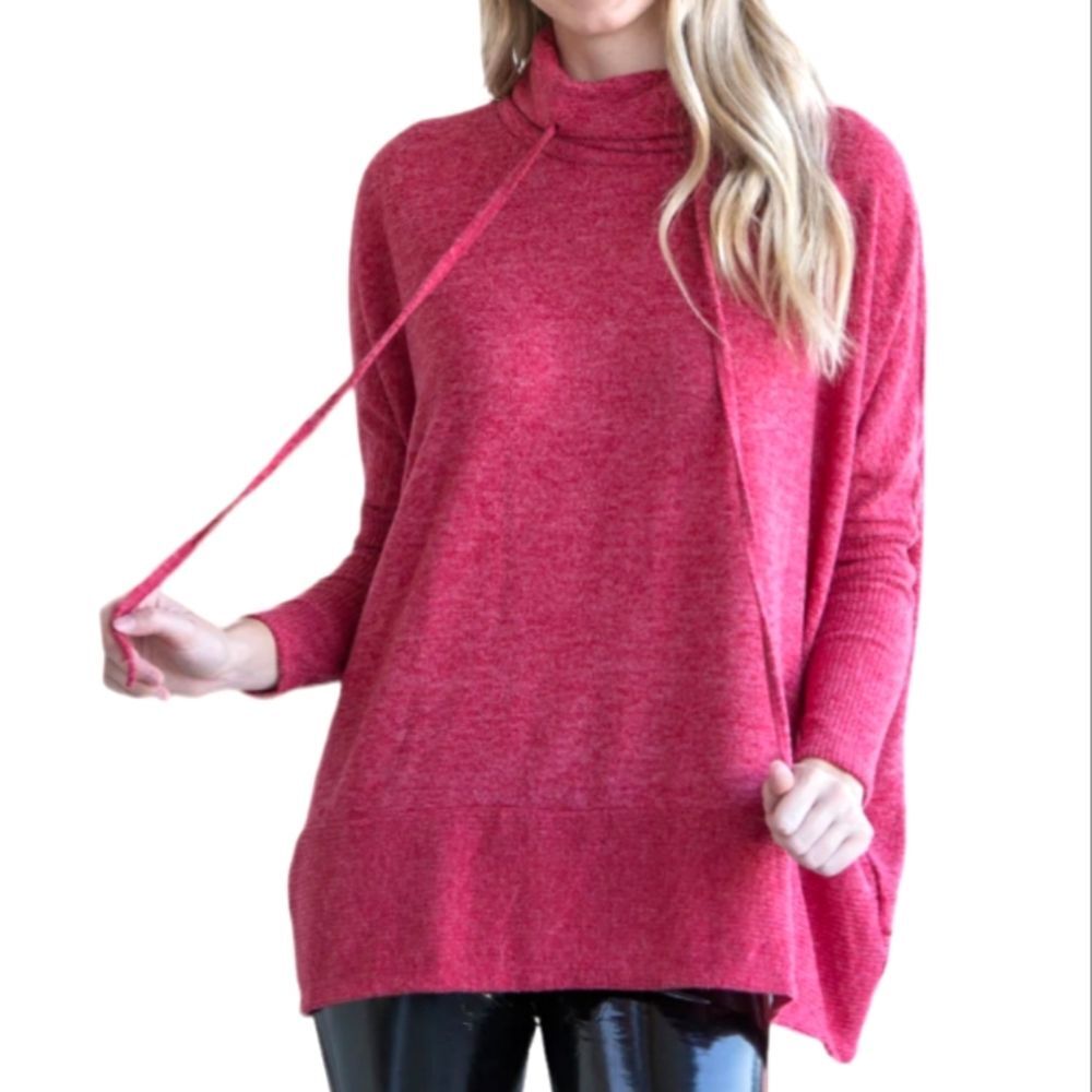 Zenana Brushed Hot Pink Cowl Neck Long Sleeve High/Lo Long Line Sweater L